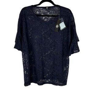 Fig Romantic Ethereal Lace Ruffle Short Sleeve Rond Neck Top XXL Navy Blue NWT